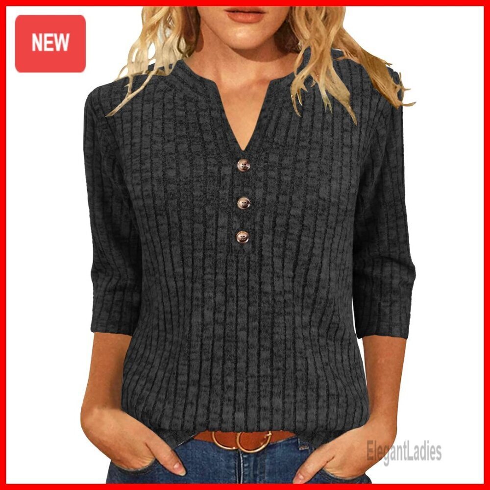 V-Neck 3/4 Sleeve Sweatshirt, Lightweight Polyester Blend, Casual Fall Top
